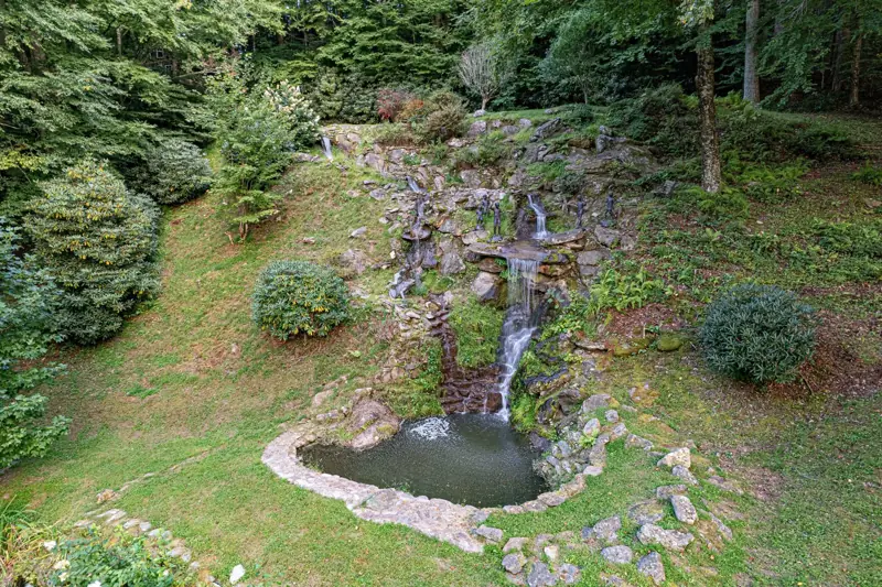 Pond and stonework from above